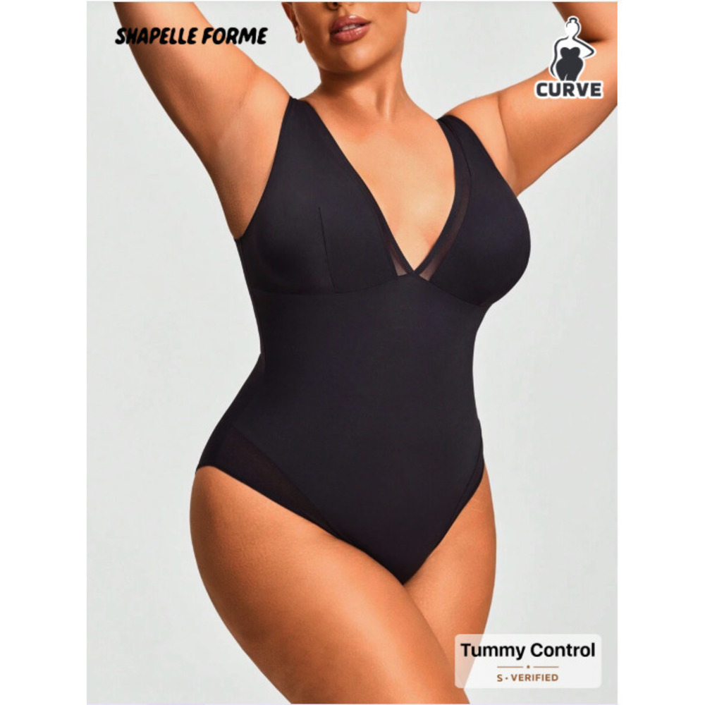SHEIN Seamless Plunge Deep-V Shapewear Thong Bodysuit Black — 3XL